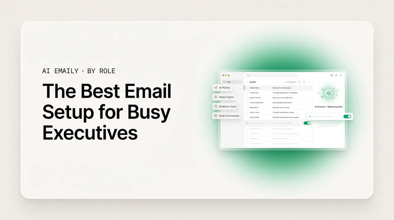 AI Emaily blog cover for the best email setup for busy executives, showing a streamlined executive inbox dashboard