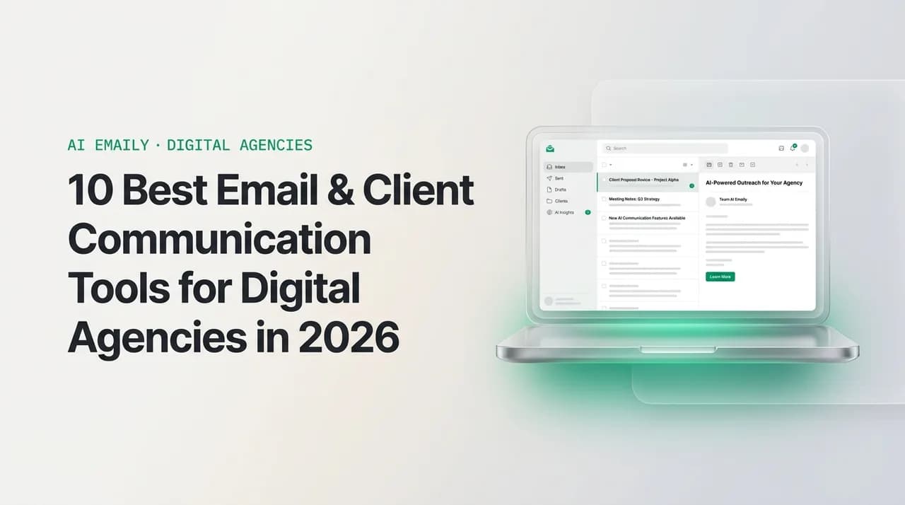 AI Emaily blog cover for best email software for digital agencies, showing an AI email client on a laptop with the headline 10 Best Email & Client Communication Tools for Digital Agencies in 2026