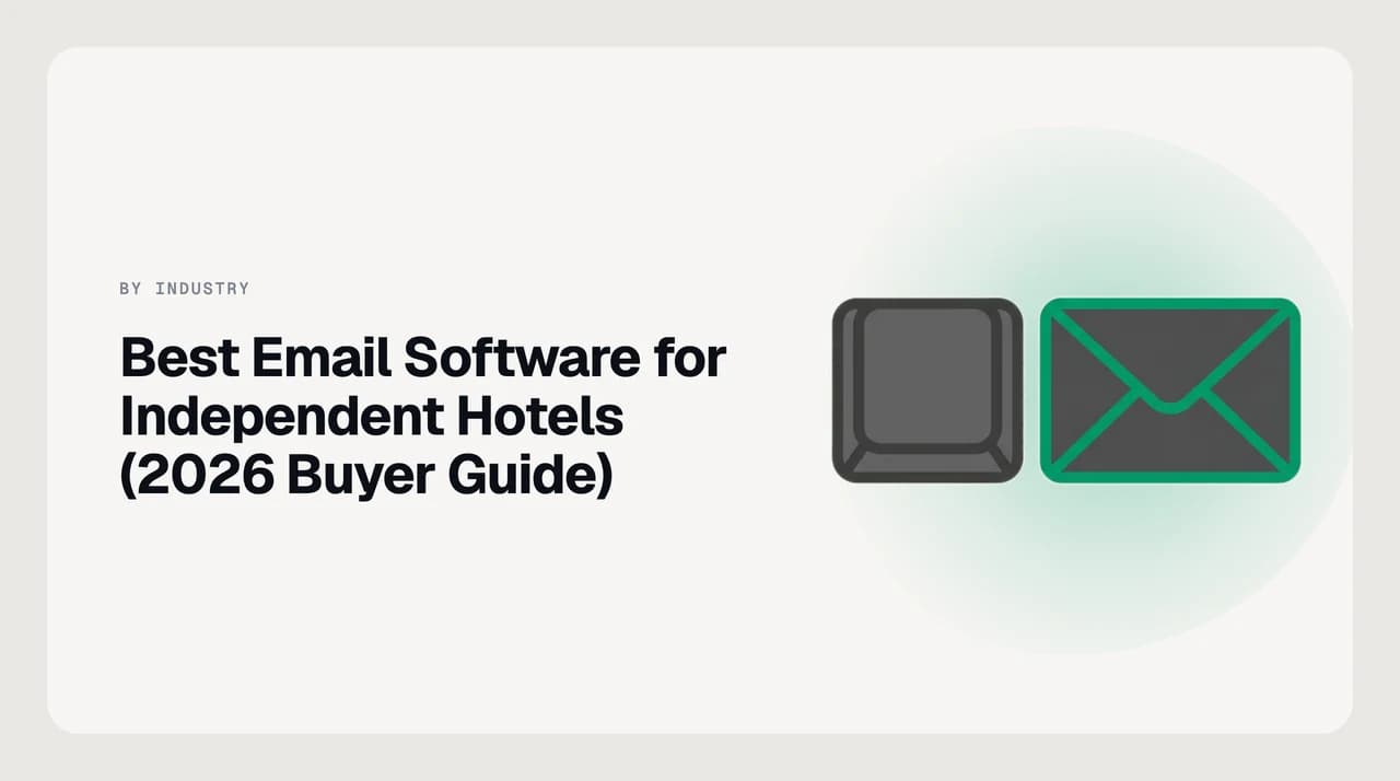 AI Emaily buyer guide cover for the best email software for independent and boutique hotels, showing a reservations inbox with direct booking, RFP and OTA threads