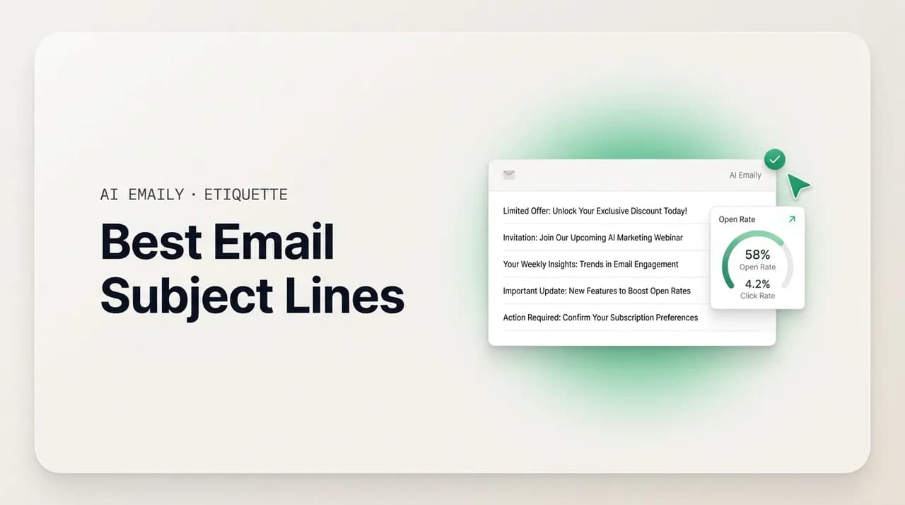 AI Emaily blog cover for email subject lines, showing strong subject lines with an open-rate meter