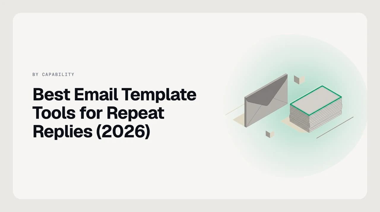 Best email template tools for repeat replies — a stack of reusable reply cards, one being rewritten mid-thread by an AI drafting layer.