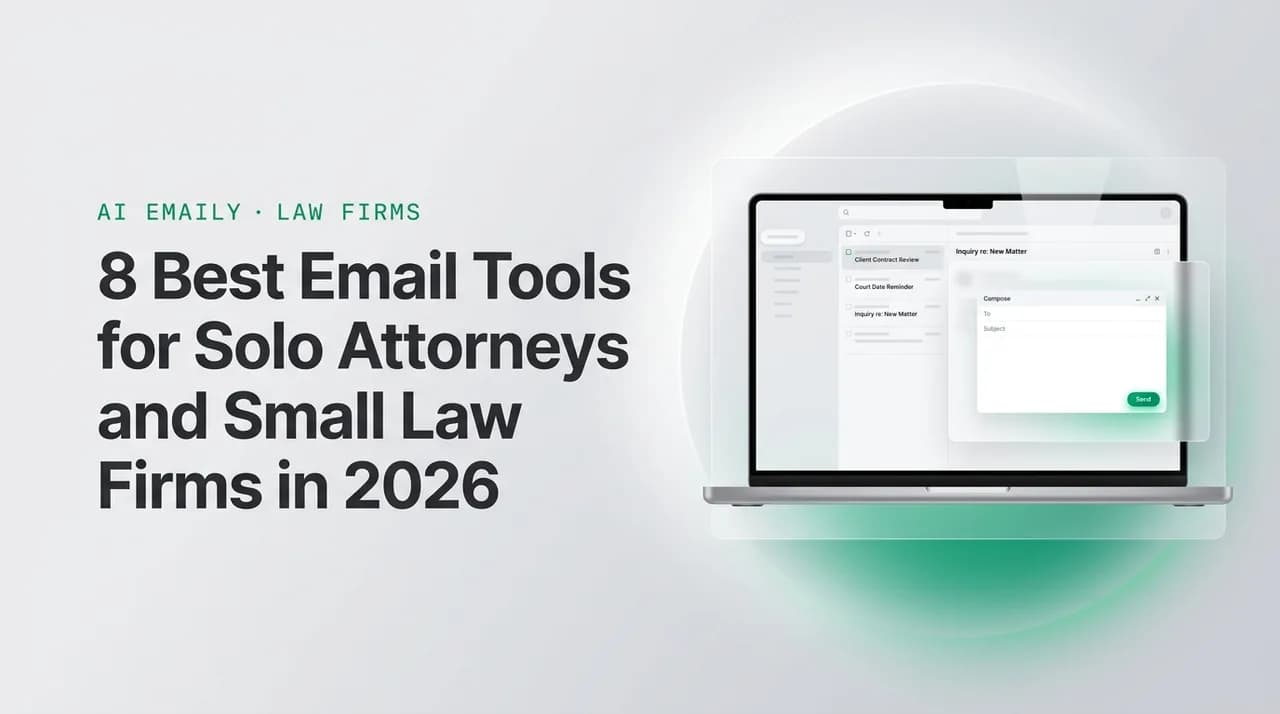 AI Emaily blog cover for best email tools for attorneys, showing an AI email client on a laptop with the headline 8 Best Email Tools for Solo Attorneys and Small Law Firms in 2026