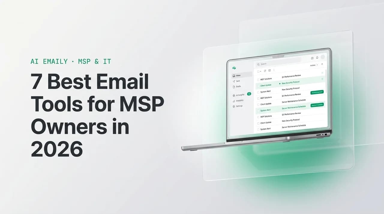 AI Emaily blog cover for best email tools for MSP owners, showing an AI email client on a laptop with the headline 7 Best Email Tools for MSP Owners in 2026