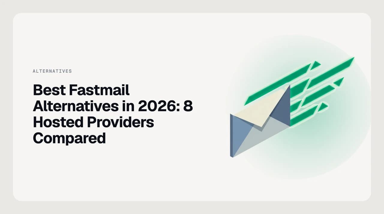 Best Fastmail alternatives in 2026 — eight hosted mail providers shown as a ranked stack of comparison cards, sorted by speed, standards and aliases