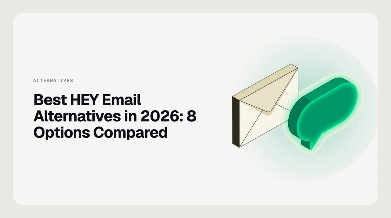 Best HEY email alternatives in 2026 — eight opinionated email clients, hosts and overlays shown as a ranked stack of comparison cards