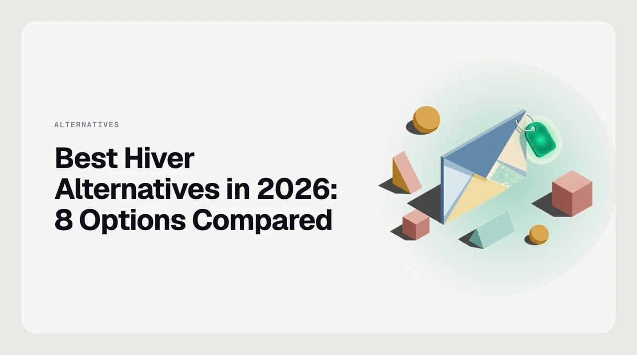 Best Hiver alternatives in 2026 — eight shared inbox and AI email tools shown as ranked option cards, with a Gmail-inside-the-inbox card on the left and a standalone helpdesk platform card on the right
