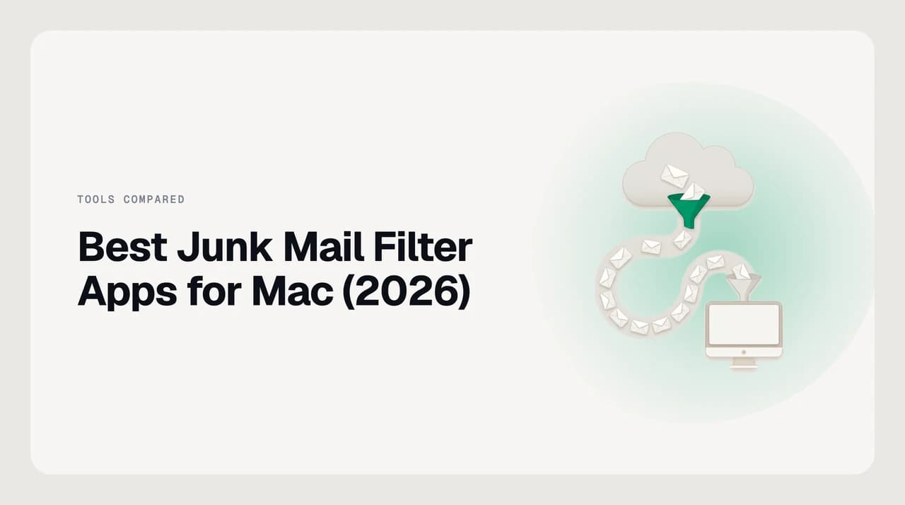 Comparison of junk mail filter apps for Mac showing local, account-level, and client-side options for Apple Mail, Gmail, and Outlook.