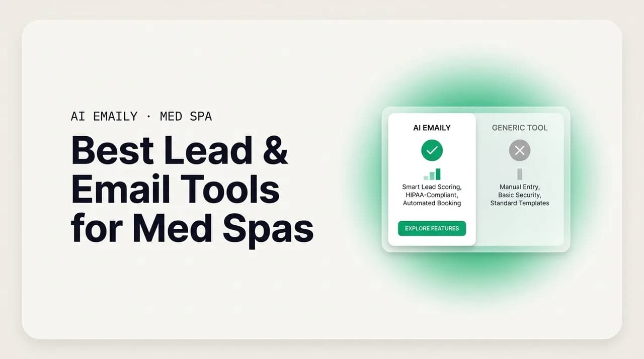 AI Emaily blog cover for best lead and email tools for med spas, showing a comparison of tools