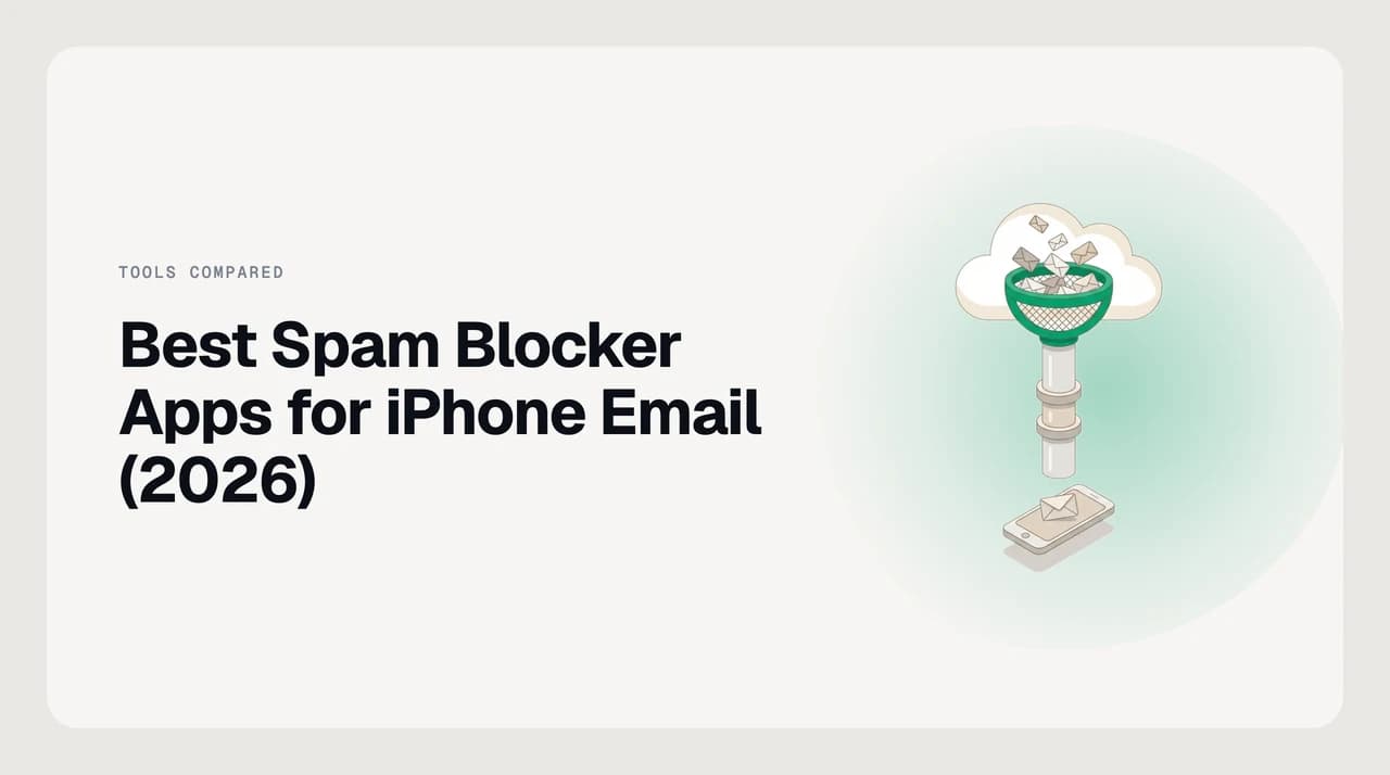Best spam blocker apps for iPhone email, compared side by side on an iPhone lock screen showing a filtered inbox with junk and cold outreach separated.