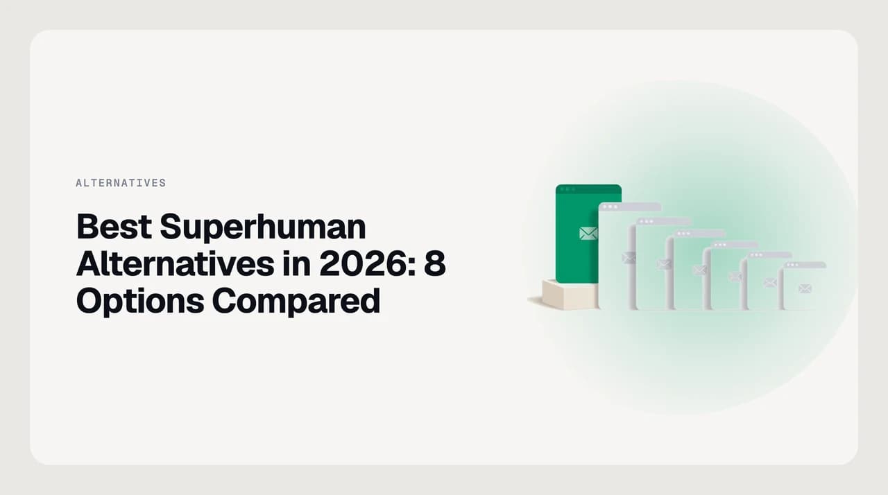 Best Superhuman alternatives in 2026 — eight AI email clients, overlays and shared inboxes shown as a ranked stack of comparison cards