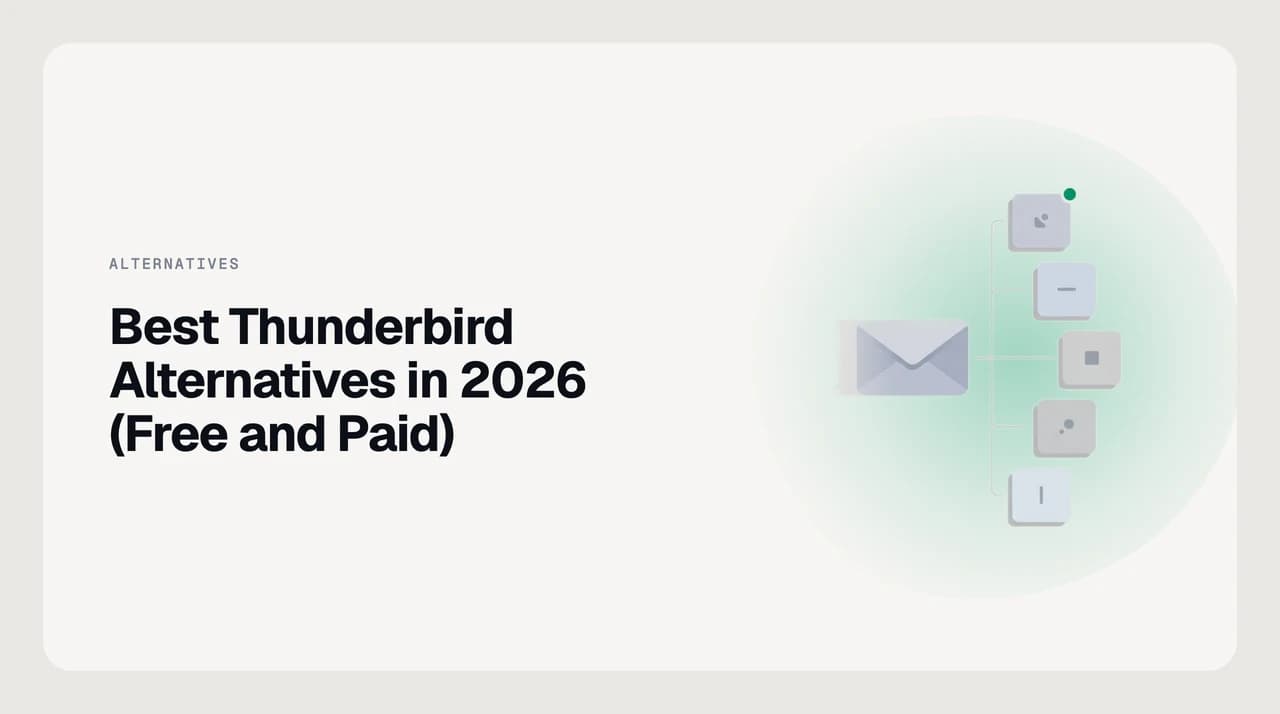 Best Thunderbird alternatives in 2026 — eight email clients and overlays shown as ranked option cards, with the top card outlined in green