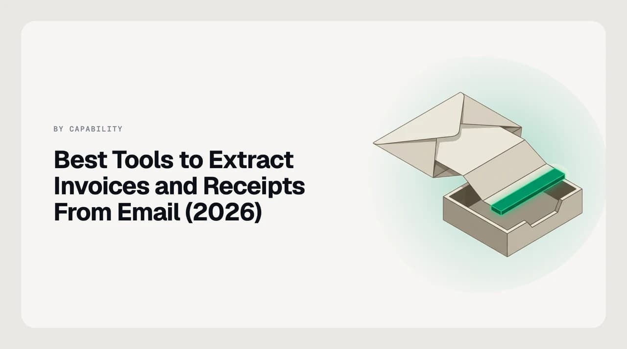 Cover illustration for a roundup of the best tools to extract invoices and receipts from email, showing receipts routing from an inbox into accounting software