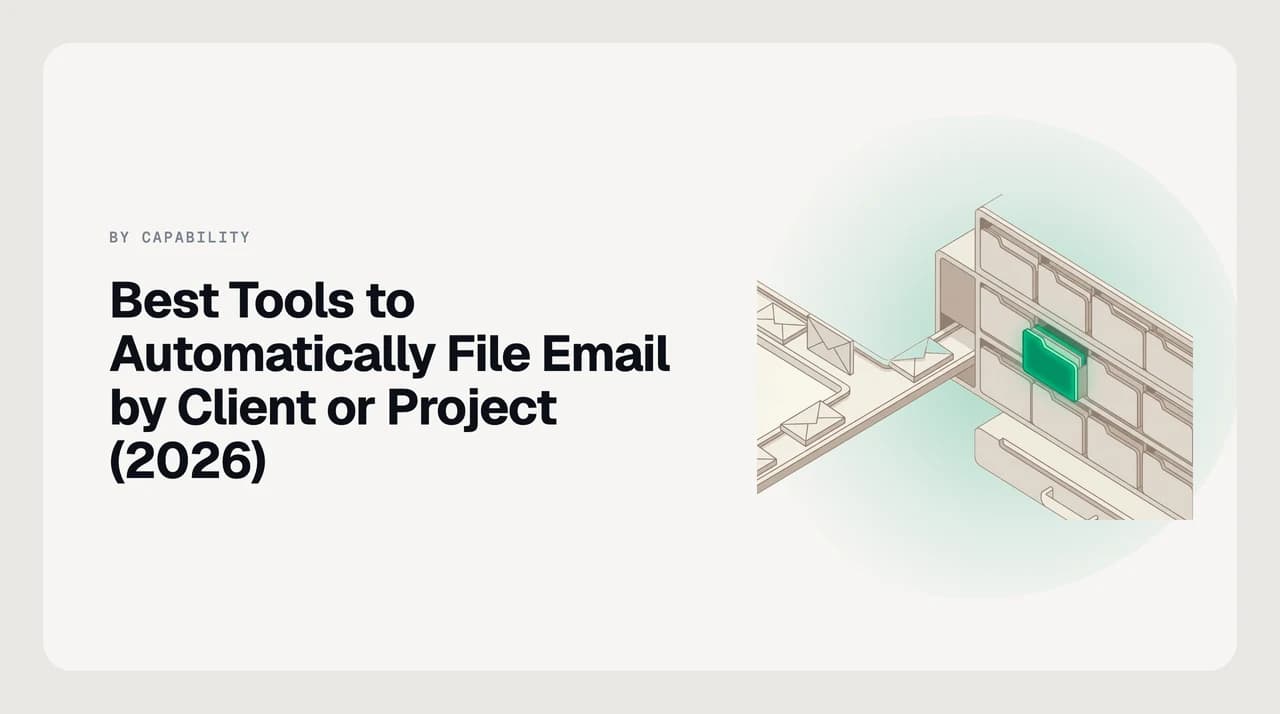 Best tools to automatically file email by client or project — eight labelled bins with envelopes falling in, and a separate bin for messages from personal Gmail and Outlook addresses