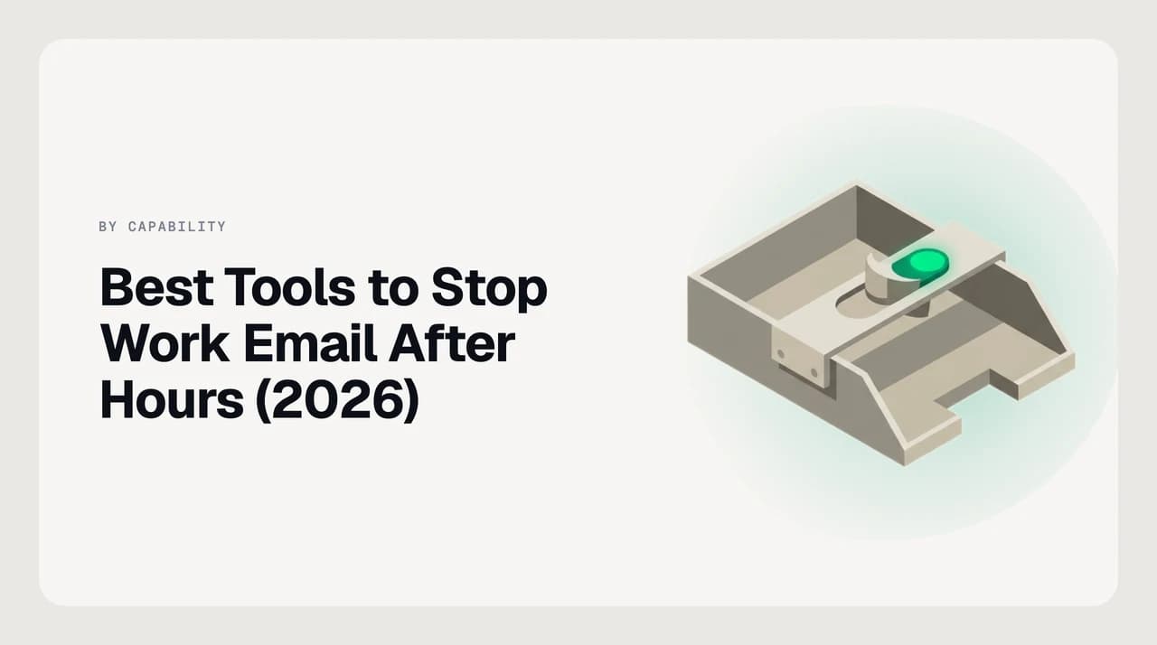 A dimmed laptop and phone at a dinner table with a small green scheduled-send badge floating above them — best tools to stop work email after hours 2026