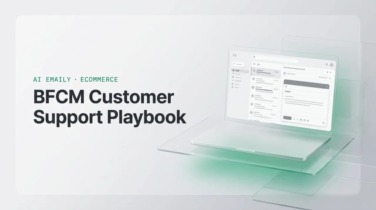 AI Emaily blog cover for BFCM customer support preparation, showing an AI email client on a laptop with the headline BFCM Customer Support Playbook
