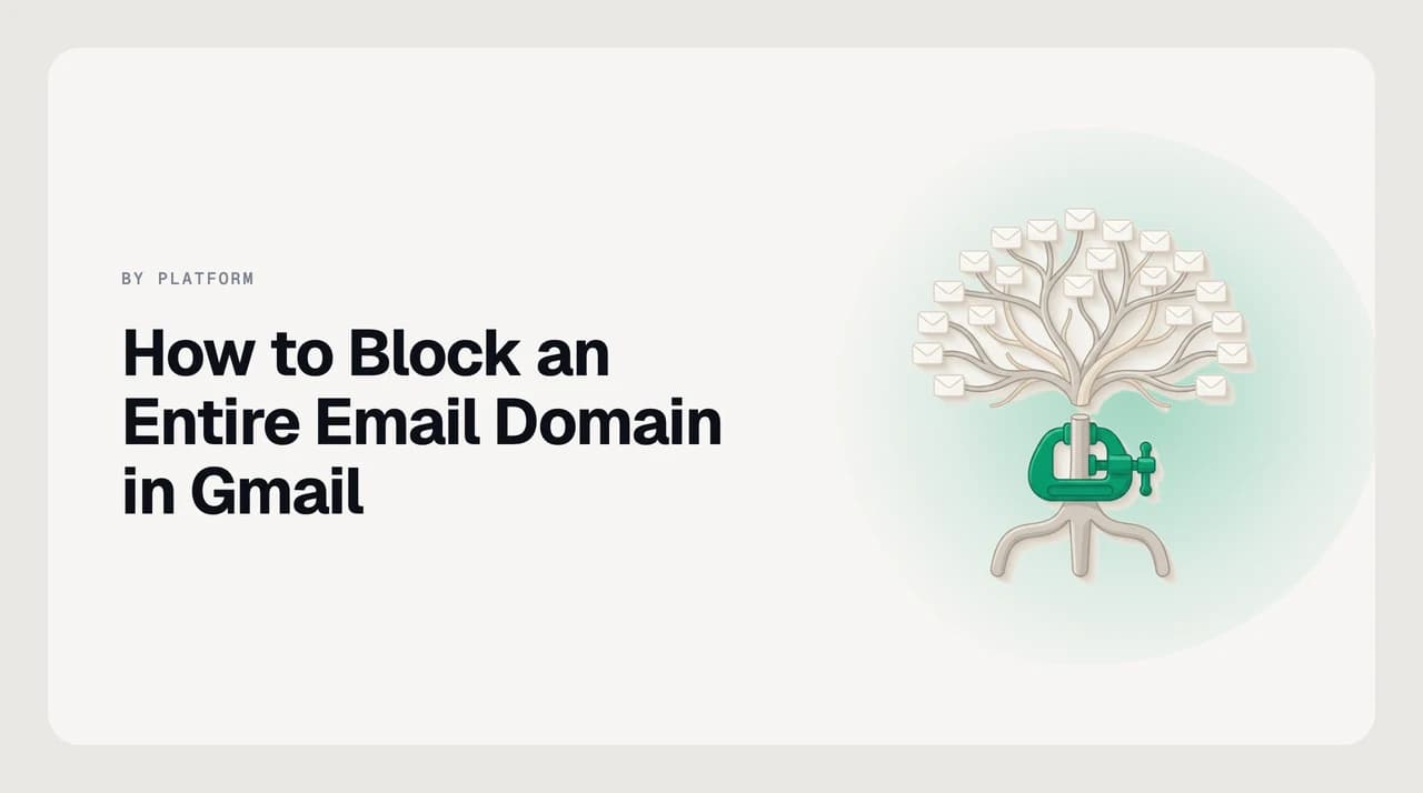 Illustration of the Gmail filter creator showing the From field set to a wildcard domain pattern and the Delete it action selected, representing the steps to block an entire email domain in Gmail