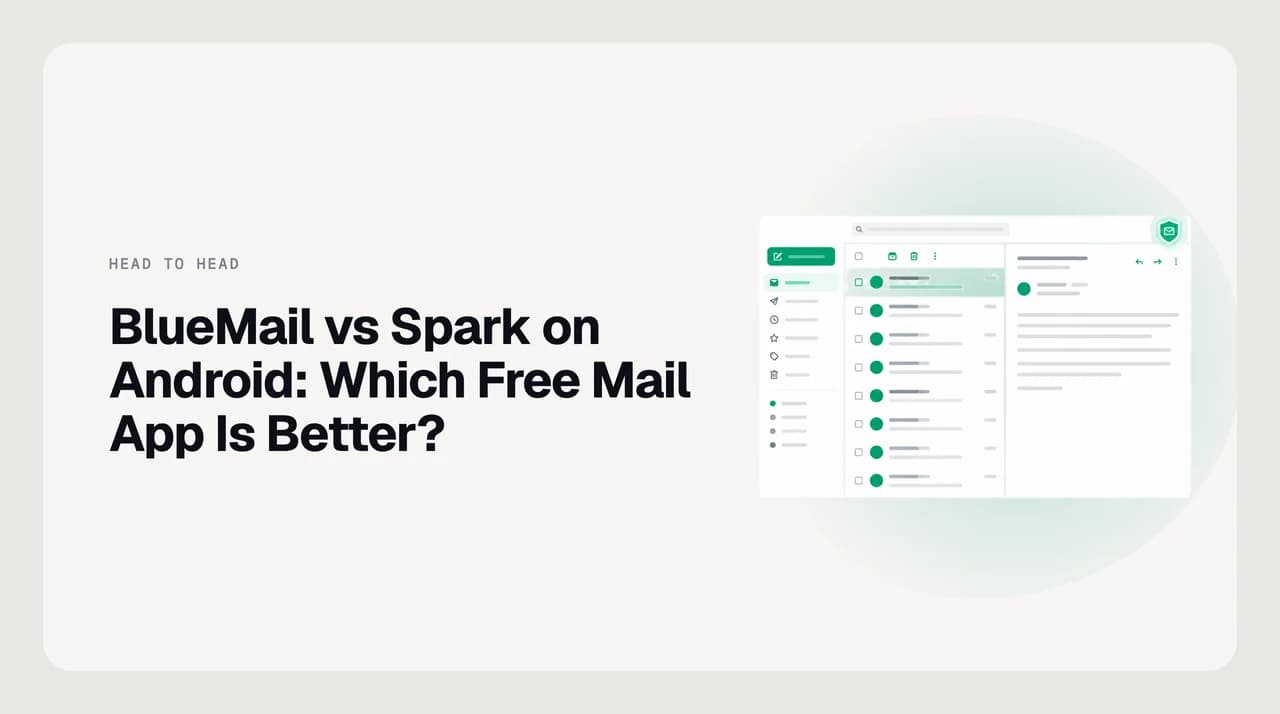 Two Android phones side by side comparing BlueMail and Spark, showing a unified inbox, per-account notification settings and a home-screen mail widget.