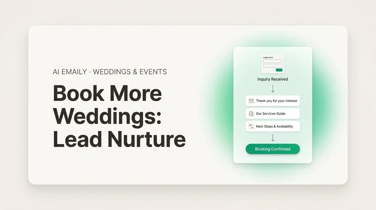 AI Emaily blog cover for booking more weddings with lead nurture, showing a sequence that converts inquiries