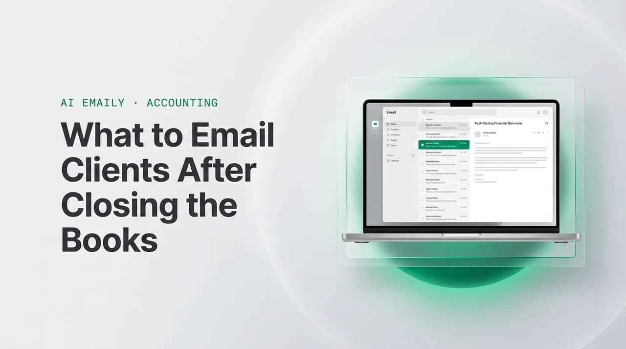 AI Emaily blog cover for monthly bookkeeping report email to clients, showing an AI email client on a laptop with the headline What to Email Clients After Closing the Books