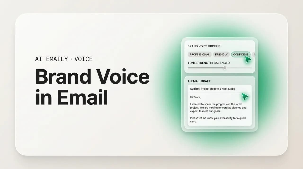 AI Emaily blog cover for brand voice in email, showing a brand voice profile guiding an AI email draft