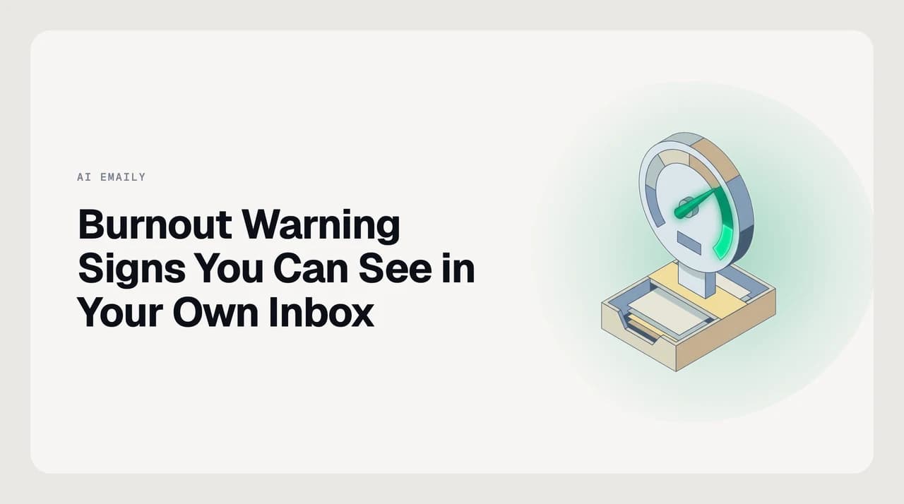 Illustration showing a cluttered inbox with late-night timestamps and ignored threads, representing burnout warning signs visible in email habits at work