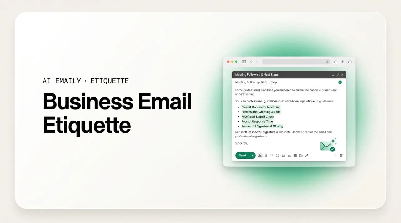 AI Emaily blog cover for business email etiquette, showing a professional email with etiquette guidelines