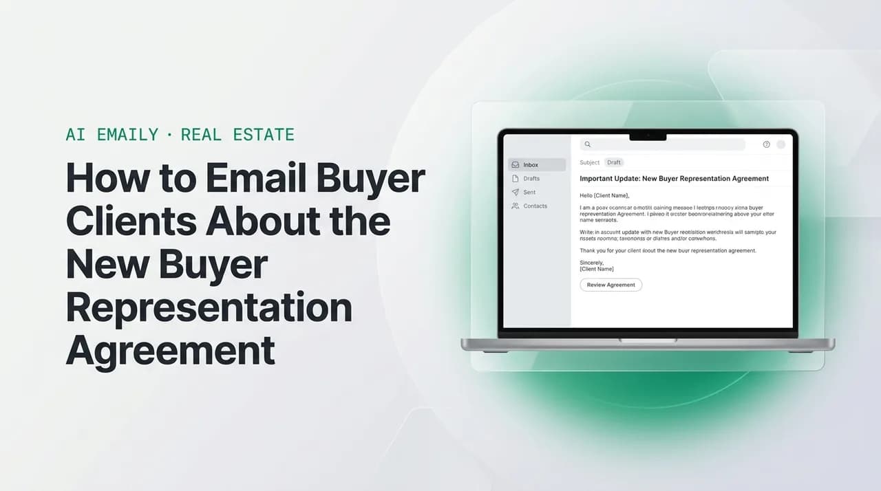 AI Emaily blog cover for buyer representation agreement email, showing an AI email client on a laptop with the headline How to Email Buyer Clients About the New Buyer Representation Agreement