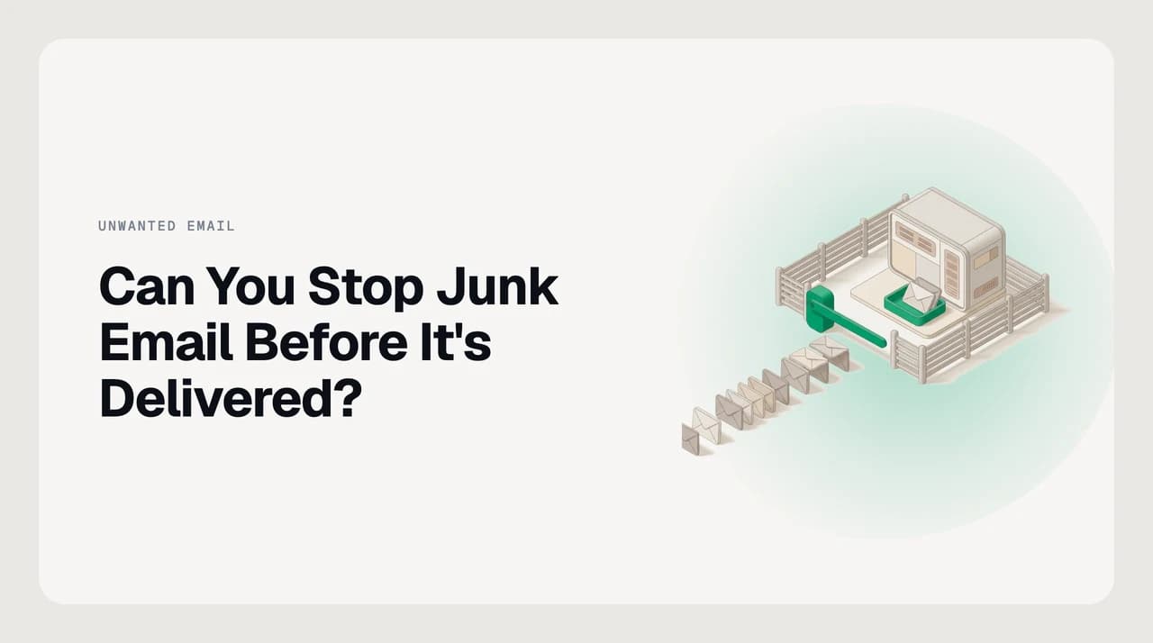 Diagram of an email delivery path showing a checkpoint at the receiving mail server that blocks junk email before it reaches the inbox