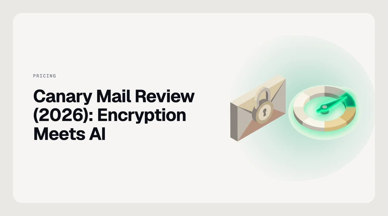 Canary Mail review illustration: an encrypted email splitting into two delivery paths, one requiring a recipient key and one opening a secure browser link