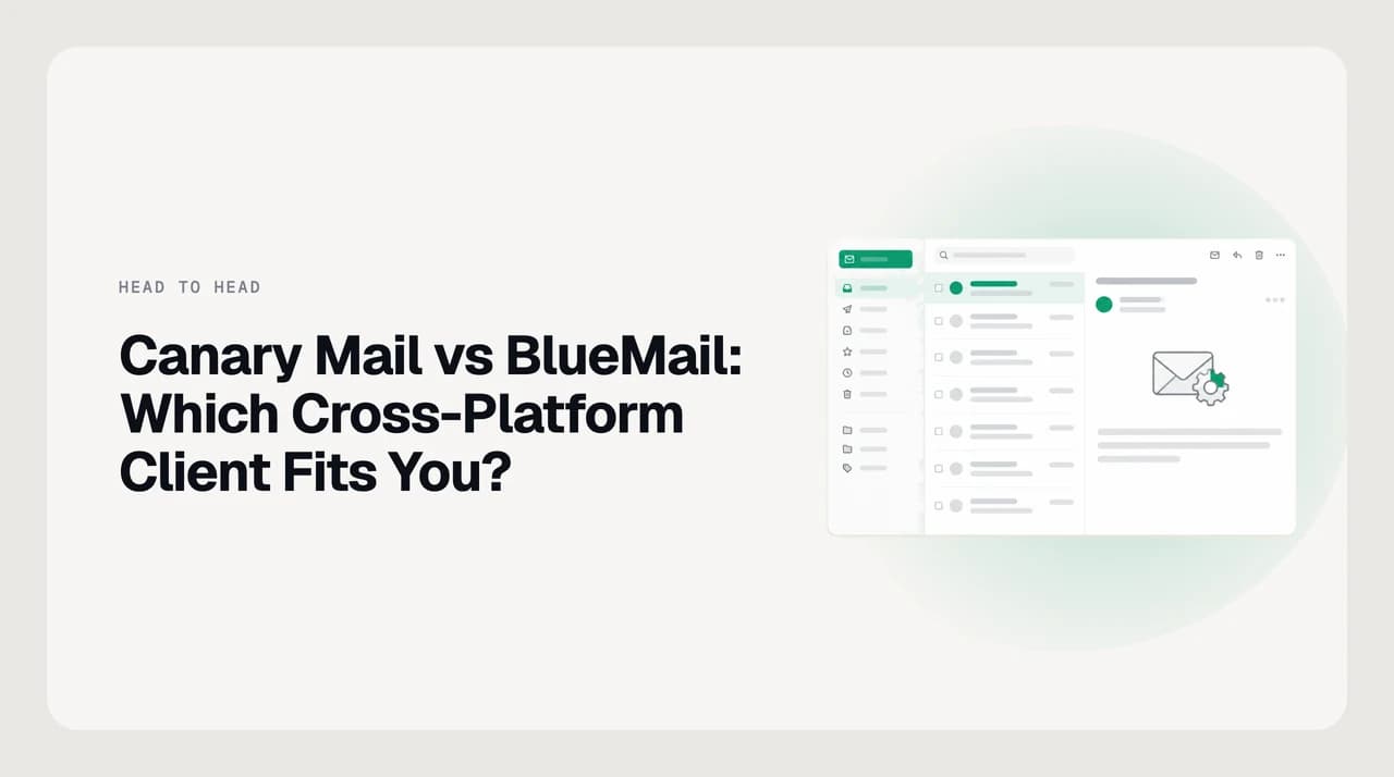 Canary Mail vs BlueMail cross-platform comparison: two email client panels side by side, one showing Mac, Windows, iOS and Android icons, the other adding a Linux icon.
