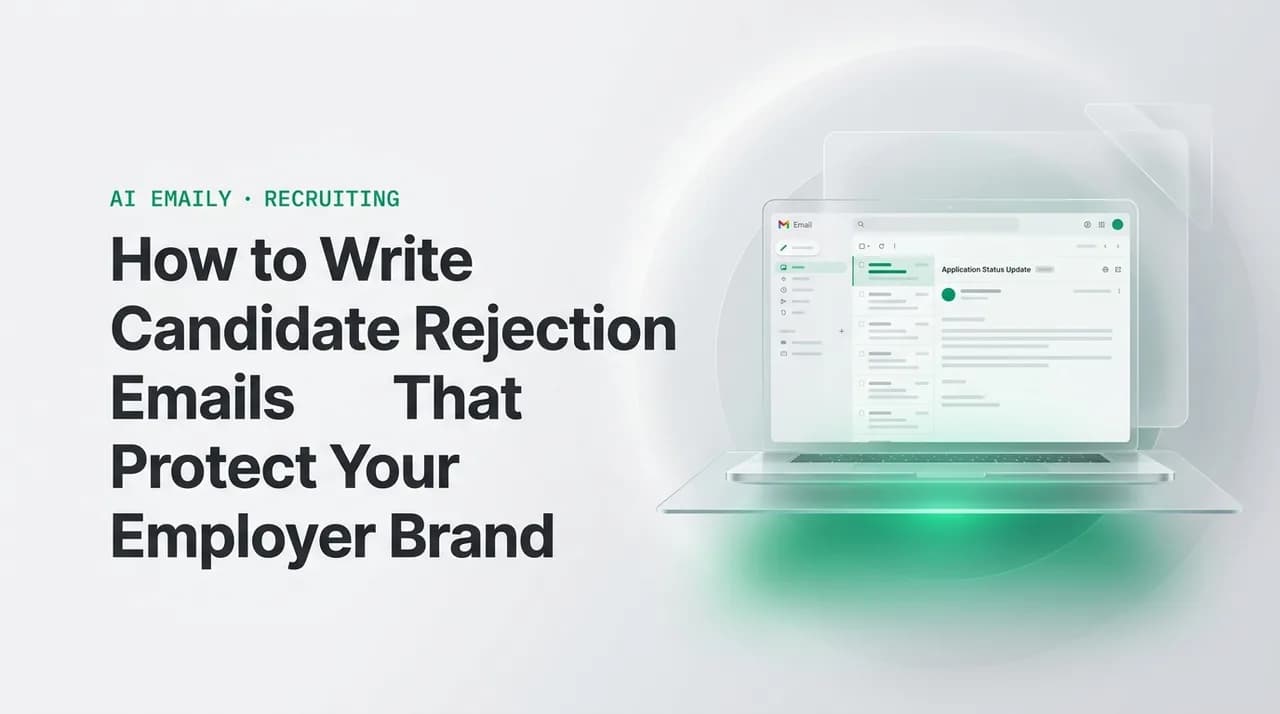 AI Emaily blog cover for candidate rejection email, showing an AI email client on a laptop with the headline How to Write Candidate Rejection Emails That Protect Your Employer Brand