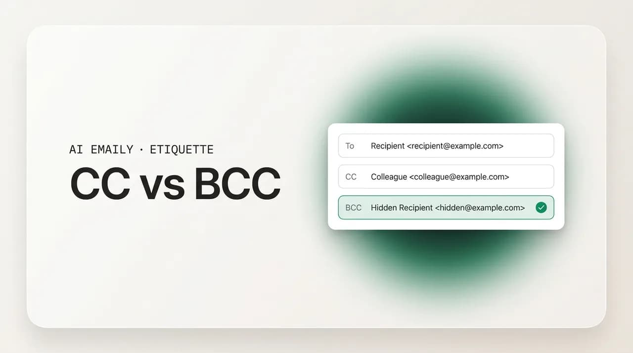 AI Emaily blog cover for CC vs BCC, showing an email header comparing CC and BCC fields
