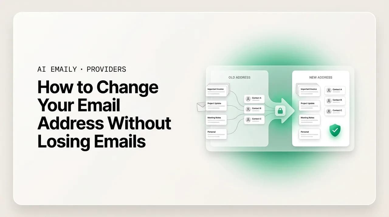 AI Emaily blog cover for change email address without losing emails, showing emails migrating to a new address