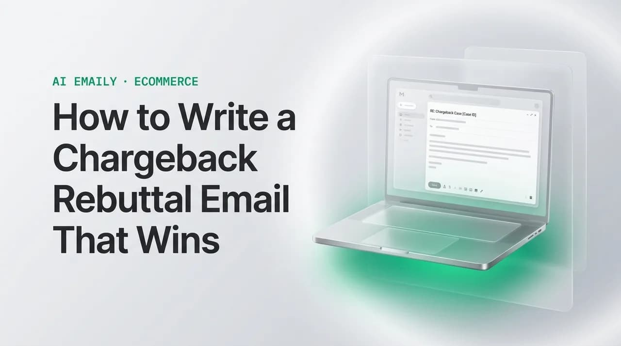 AI Emaily blog cover for chargeback rebuttal letter ecommerce, showing an AI email client on a laptop with the headline How to Write a Chargeback Rebuttal Email That Wins