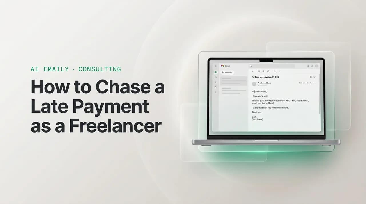 AI Emaily blog cover for chase late payment email freelancer, showing an AI email client on a laptop with the headline How to Chase a Late Payment as a Freelancer