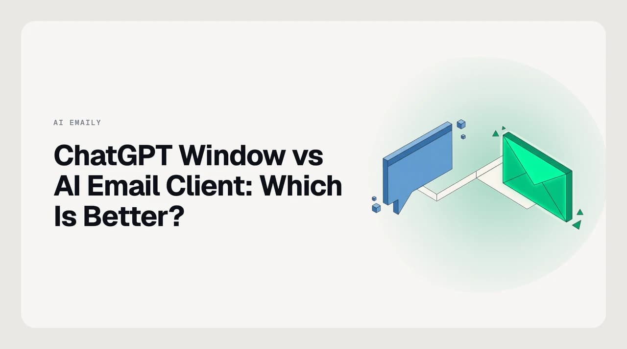 Split illustration comparing a ChatGPT chat window on one side and an AI email client inbox on the other, with the same email thread being handled in each