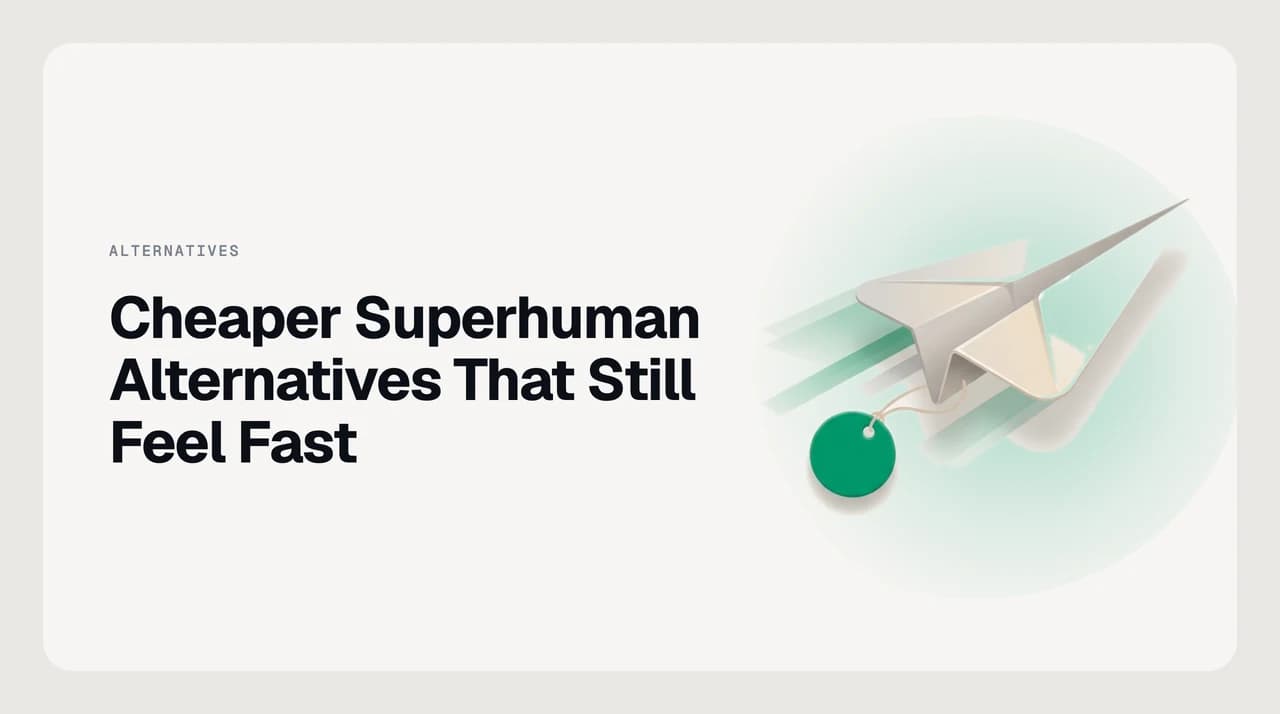 Cheaper alternatives to Superhuman email — seven AI email clients and free options shown as billing-model cards, from free tier to per-seat subscription