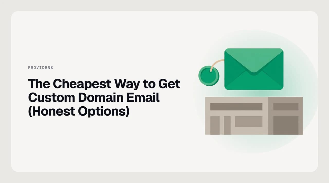 The cheapest ways to get custom domain email compared — hosting-bundled mailboxes, a free plan, and forwarding-only options weighed by access and deliverability.