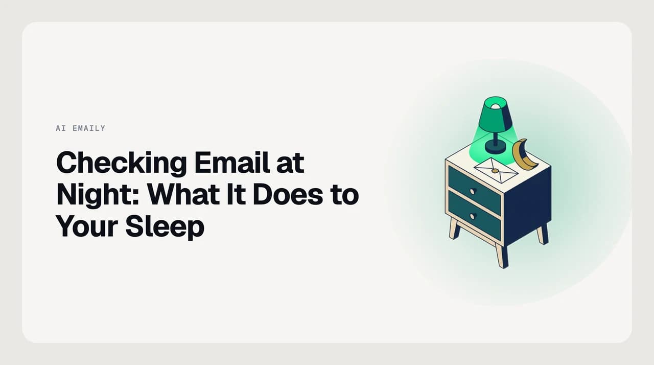 Person in a darkened bedroom glancing at a glowing phone showing work emails late at night, illustrating the connection between checking email before bed and poor sleep