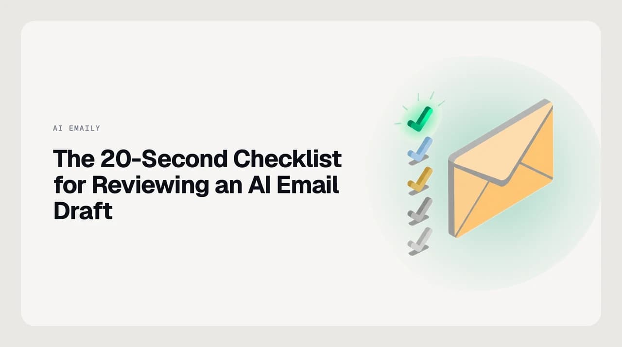 AI Emaily blog cover for how to review an AI email draft before sending, a six-check checklist a person can run in twenty seconds