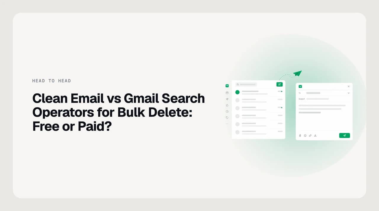 Split illustration comparing Clean Email's grouped message bundles against a Gmail search operator query for bulk delete, with one path leading to a reviewed selection and the other to an unreviewed select-all.