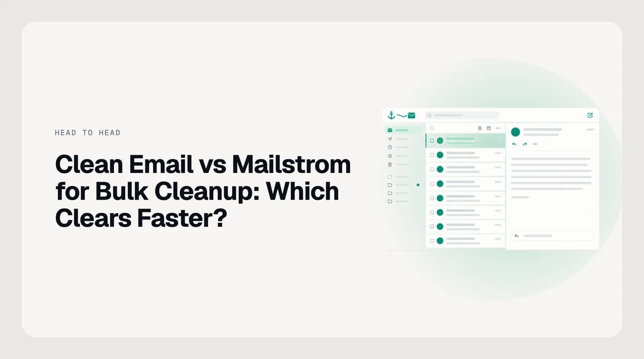 Illustration comparing Clean Email and Mailstrom for bulk cleanup, showing thousands of messages sorted into sender and category groups then cleared in one action