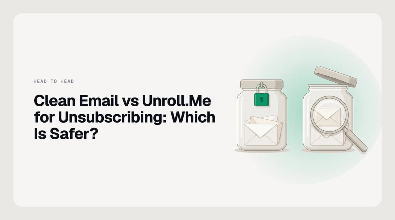 Clean Email vs Unroll.Me for unsubscribing — a paid subscription-funded tool on one side and a free data-monetisation tool on the other, compared on unsubscribe reliability and privacy