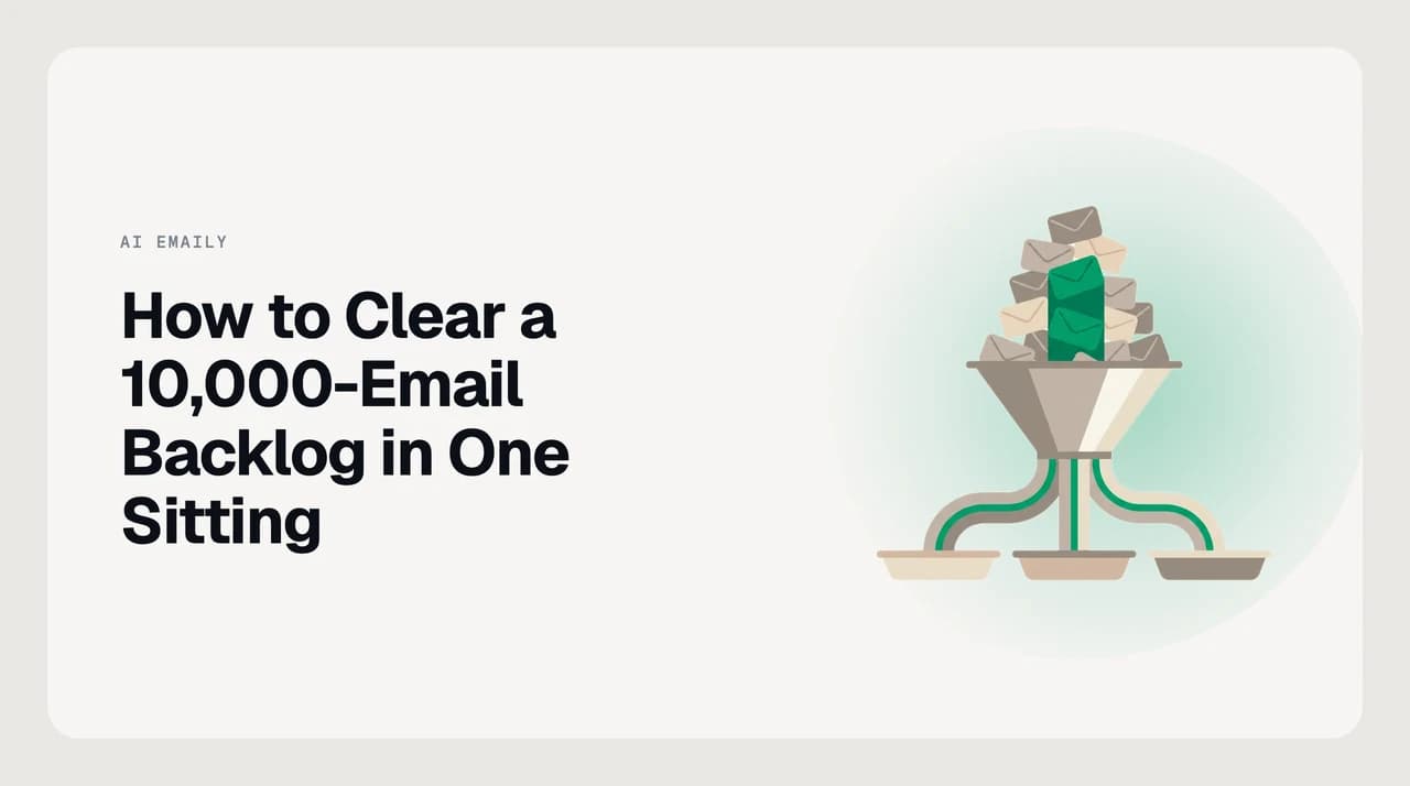 Three sorting bins labeled by date, sender, and keyword representing the bulk protocol for clearing a 10,000-email backlog in a single session