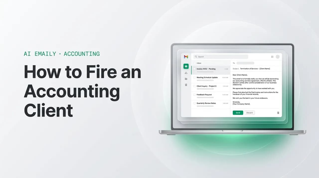 AI Emaily blog cover for client disengagement letter accountant, showing an AI email client on a laptop with the headline How to Fire an Accounting Client