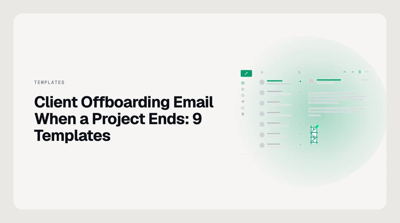 Illustration of a client offboarding email handing off deliverables, credentials, and documentation at the end of a project