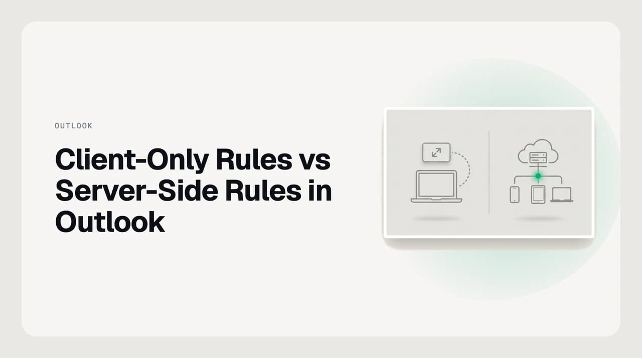 Diagram-style split comparing a client-only Outlook rule tied to one PC against a server-side rule running in the Exchange mailbox on every device.