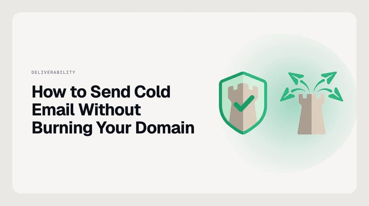 AI Emaily blog cover on how to send cold email without burning your domain, showing outreach routed through a separate sending domain away from the primary business domain
