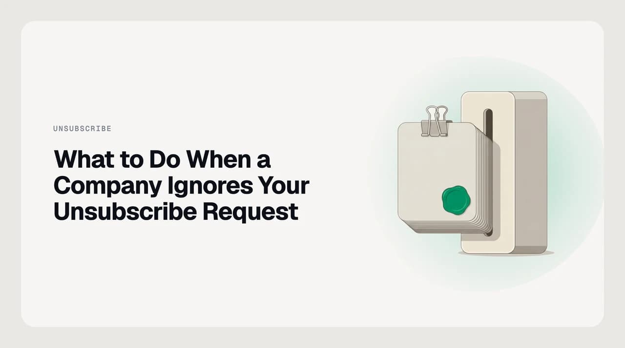 A person reviewing a marketing email with an unsubscribe link, deciding what to do when a company ignores an unsubscribe request