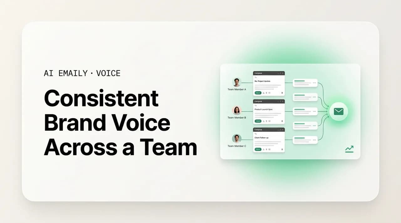 AI Emaily blog cover for consistent brand voice across a team, showing one brand voice across every team sender